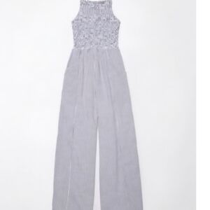 American Eagle Outfitters White and Gray Striped Smocked Jumpsuit